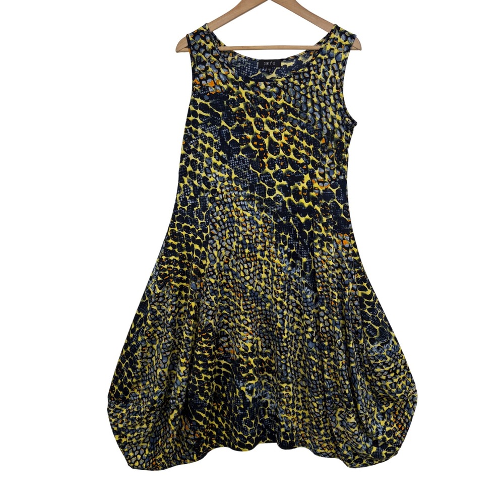 Comfy USA Women L Yellow Navy Animal Print Bubble Hem Sleeveless Dress Artsy